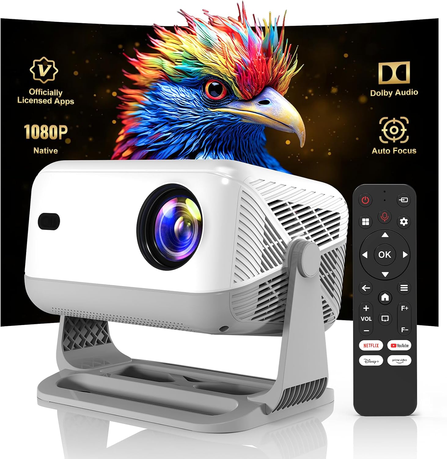 【Compatible with Netflix &Dolby Audio】WellSonic Smart Projector with Wifi and Bluetooth, 400Ansi & Native 1080p Portable Projector, Auto Focus&Support 4k, 180°Rotatable, Moive Proyector