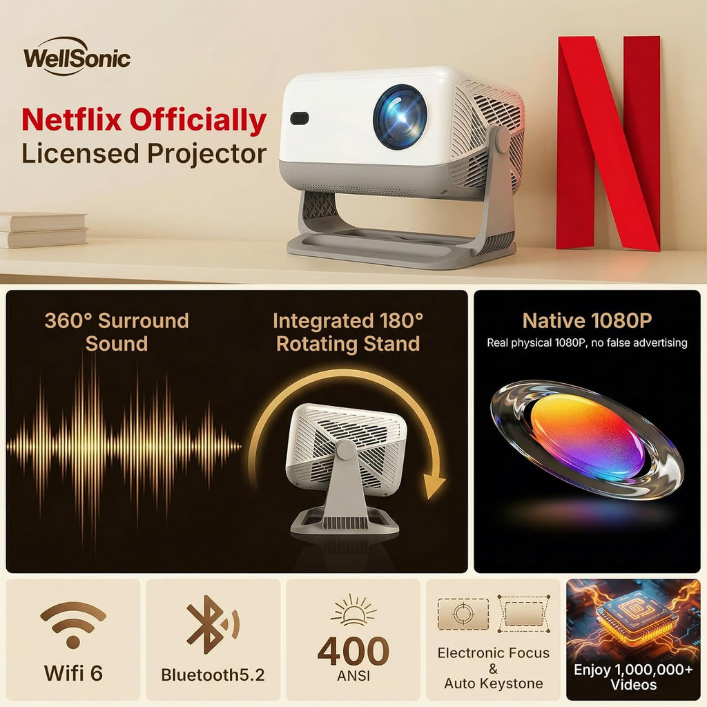 【Compatible with Netflix &Dolby Audio】WellSonic Smart Projector with Wifi and Bluetooth, 400Ansi & Native 1080p Portable Projector, Auto Focus&Support 4k, 180°Rotatable, Moive Proyector