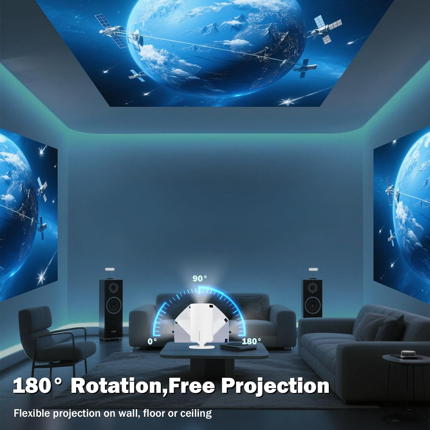 Mini Projector Support 1080P, 200 Ansi Home Movie Projector Portable Projector with Wifi and Bluetooth, Automatic Keystone Correction, 180°Rotatable, Compatible with HDMI USB PC Laptop