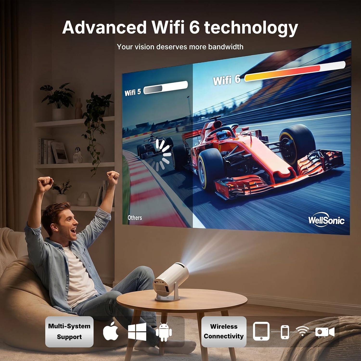Mini Projector with WiFi and Bluetooth, Portable Movie Projector Support 1080P, Auto Keystone,210° Rotation, Smart Projector Compatible with HDMI Phone for Bedroom
