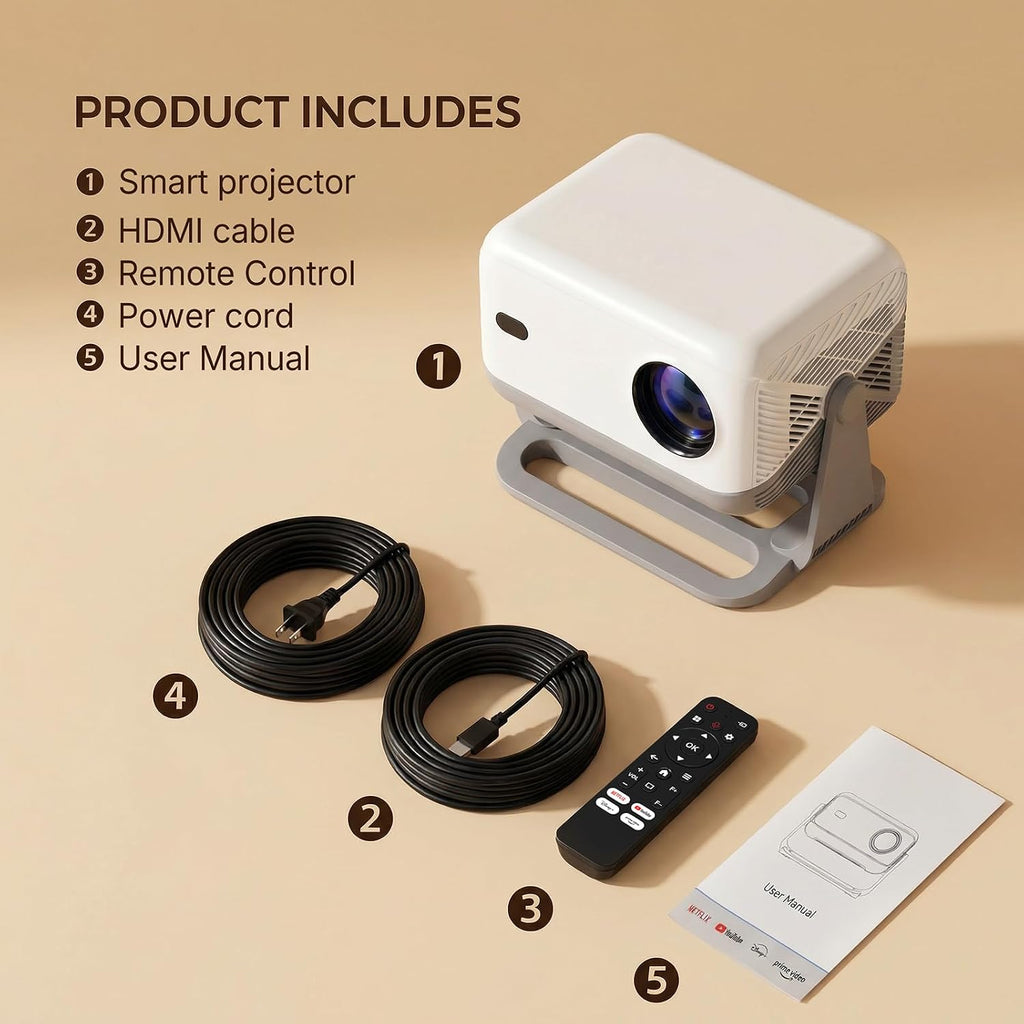 【Compatible with Netflix &Dolby Audio】WellSonic Smart Projector with Wifi and Bluetooth, 400Ansi & Native 1080p Portable Projector, Auto Focus&Support 4k, 180°Rotatable, Moive Proyector