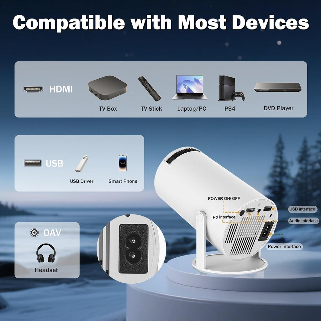 Mini Projector Support 1080P, 200 Ansi Home Movie Projector Portable Projector with Wifi and Bluetooth, Automatic Keystone Correction, 180°Rotatable, Compatible with HDMI USB PC Laptop
