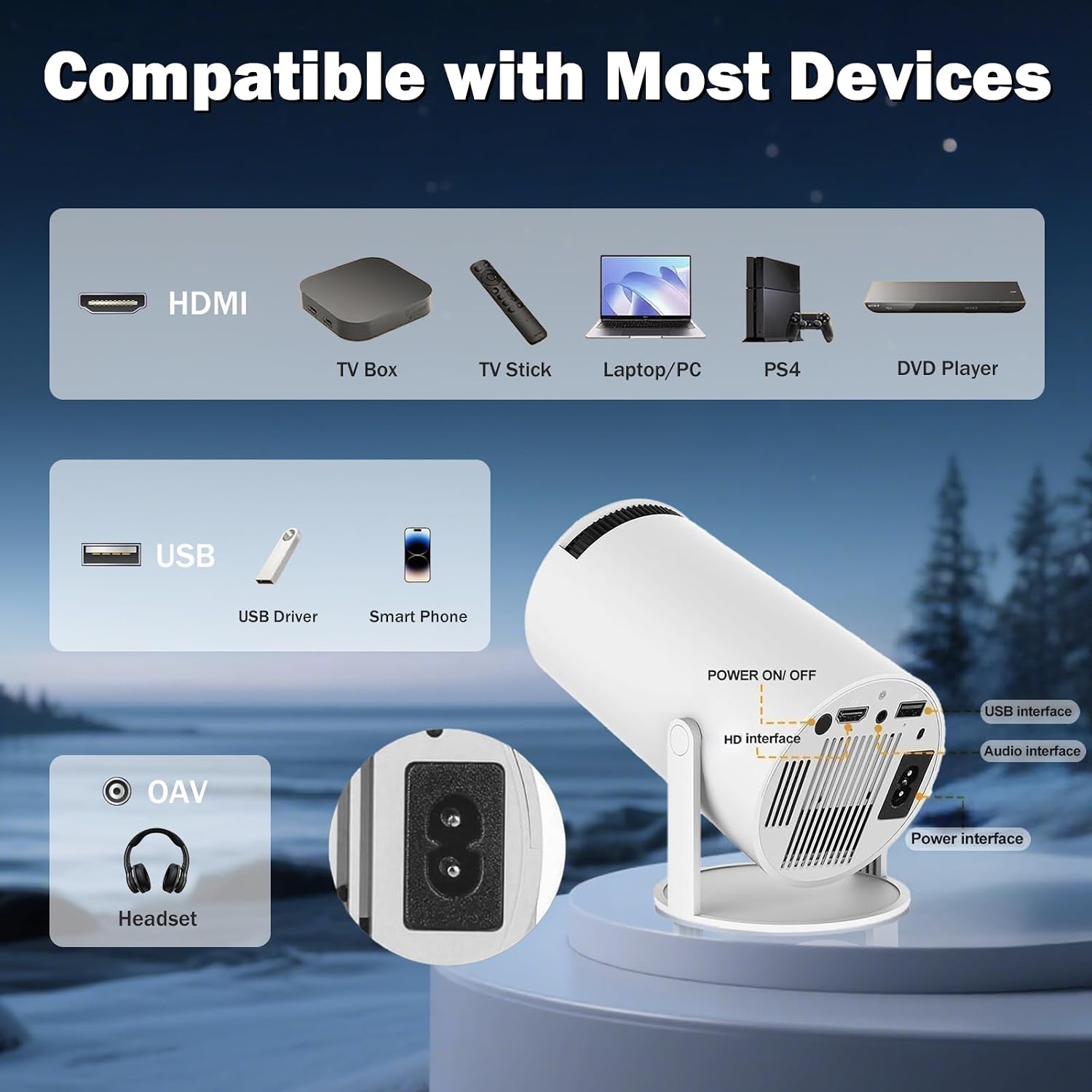 Mini Projector Support 1080P, 200 Ansi Home Movie Projector Portable Projector with Wifi and Bluetooth, Automatic Keystone Correction, 180°Rotatable, Compatible with HDMI USB PC Laptop