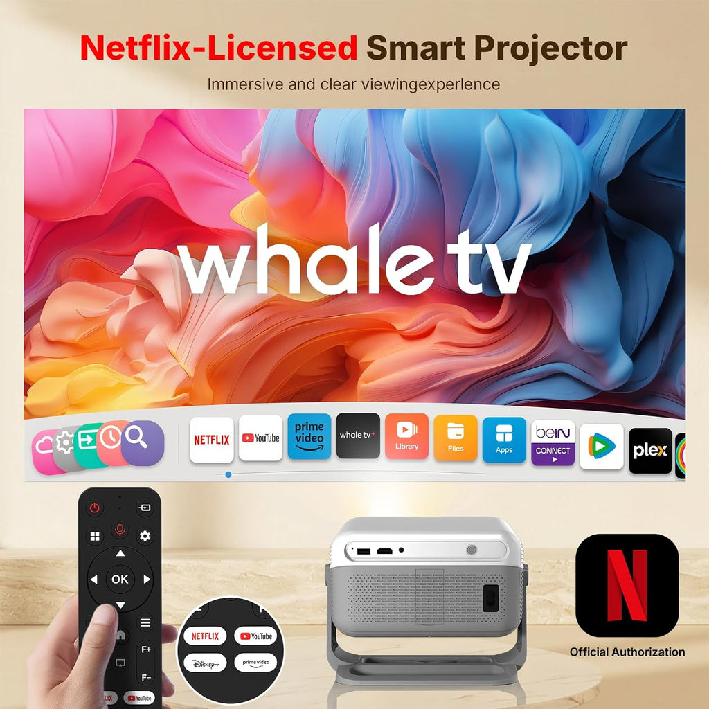 【Compatible with Netflix &Dolby Audio】WellSonic Smart Projector with Wifi and Bluetooth, 400Ansi & Native 1080p Portable Projector, Auto Focus&Support 4k, 180°Rotatable, Moive Proyector