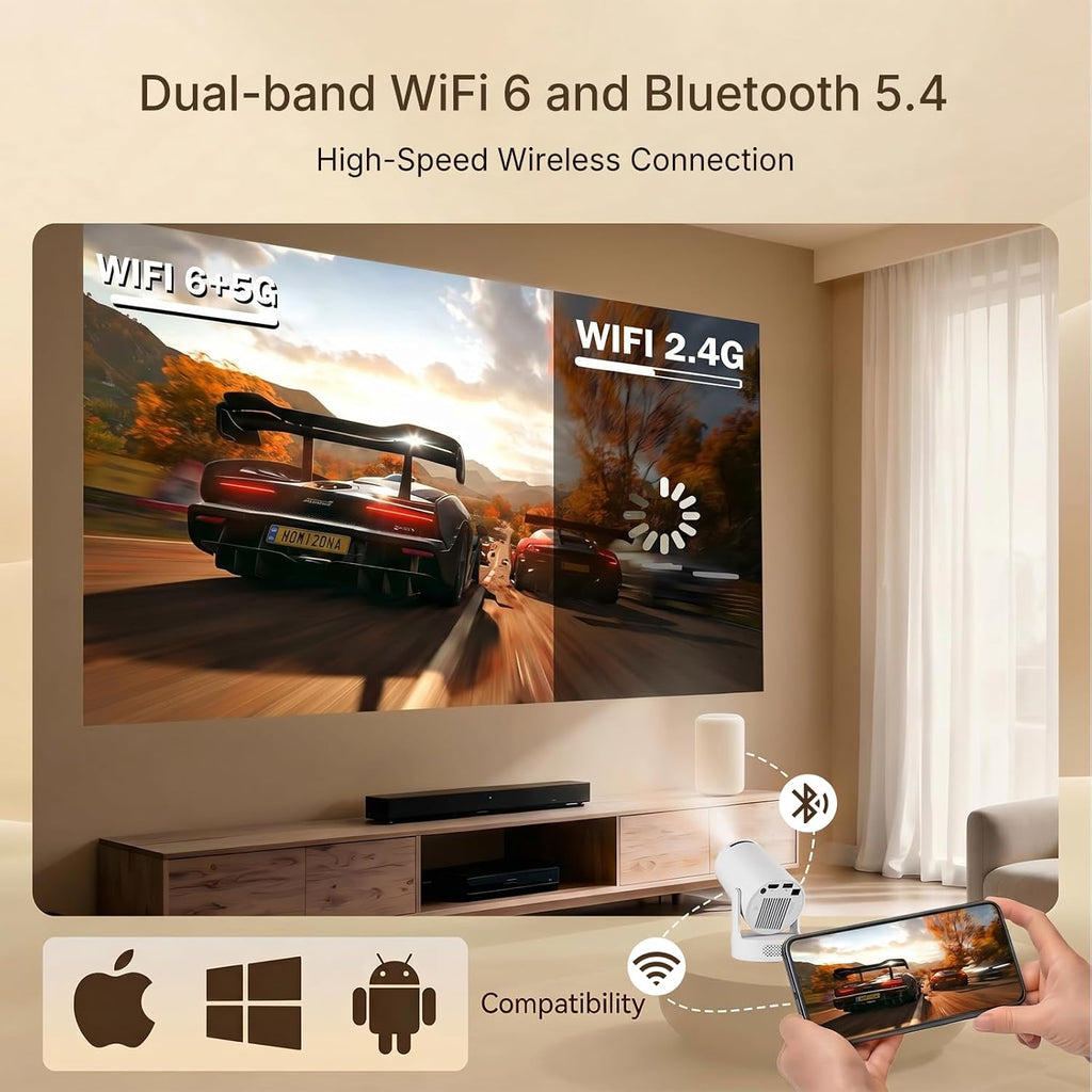 Mini Projector with Wi-Fi and Bluetooth, 1080P Portable Projector with 5W Speaker, Auto Vertical Keystone & 180° Rotatable, 200 ANSI Movie Projector for Outdoor Bedroom