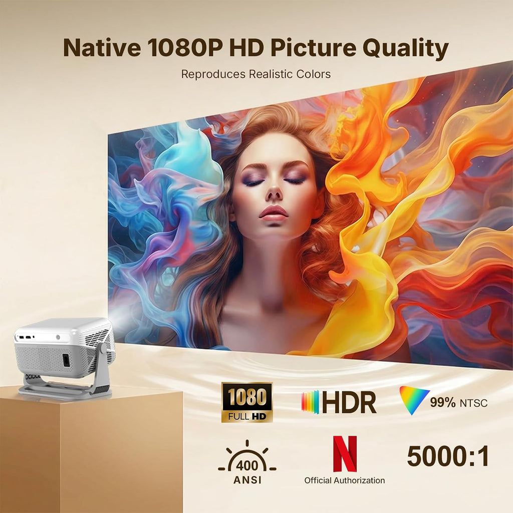 【Compatible with Netflix &Dolby Audio】WellSonic Smart Projector with Wifi and Bluetooth, 400Ansi & Native 1080p Portable Projector, Auto Focus&Support 4k, 180°Rotatable, Moive Proyector