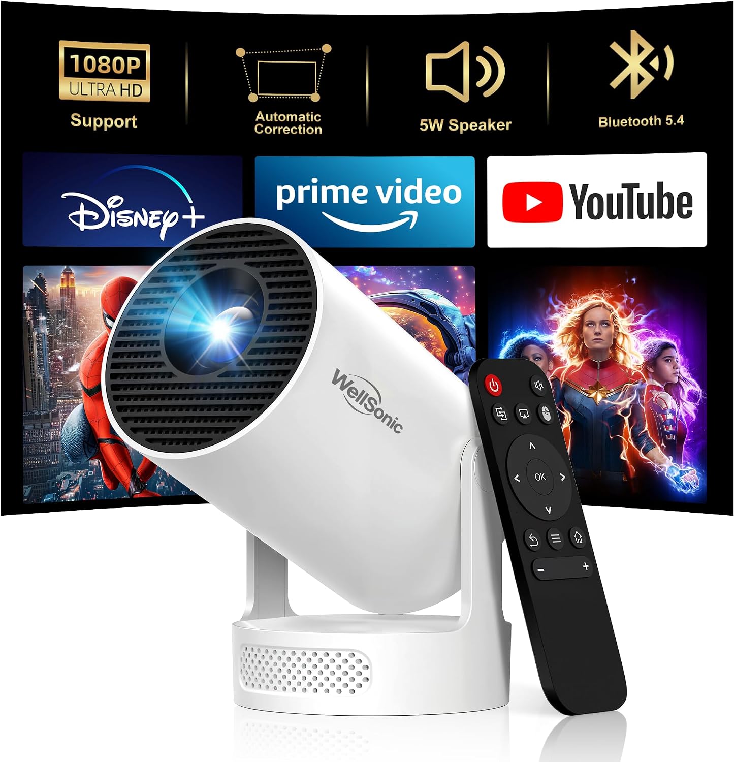 Mini Projector with Wi-Fi and Bluetooth, 1080P Portable Projector with 5W Speaker, Auto Vertical Keystone & 180° Rotatable, 200 ANSI Movie Projector for Outdoor Bedroom